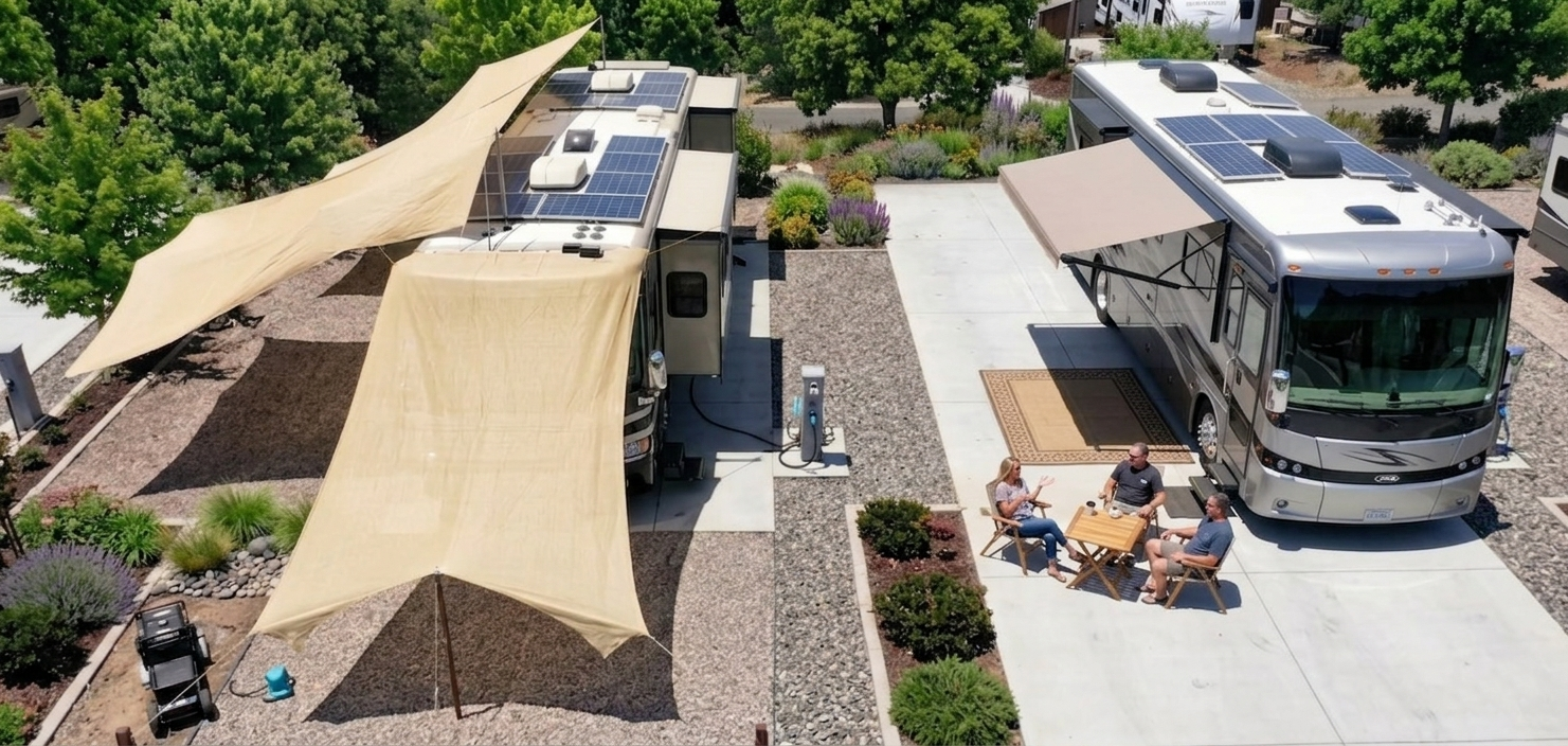 HOVERSHADE ON 42 FOOT RV IN ARIZONA shading only one side and the front of a large motor home with solar panels on top