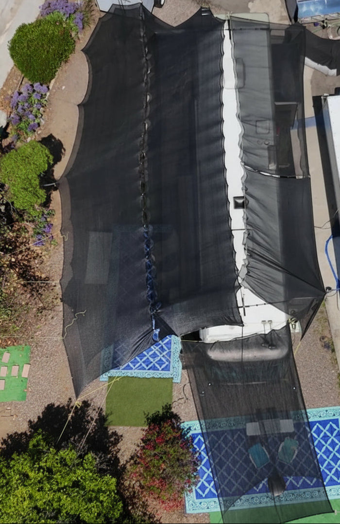 Complete solar protection wrap-around shade for large motorhomes and trailers
