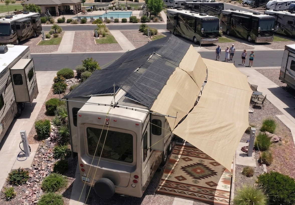 RV 5th wheel parked in  New Mexico RV park covered with hovershade canopy system with dual colored shade
