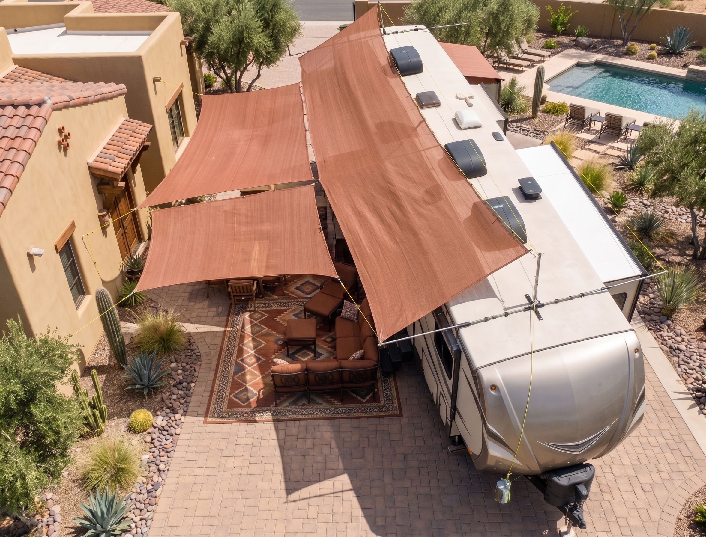 Hovershade setup _RV parked under a large brown awning in a residential area with a pool and house in the background.