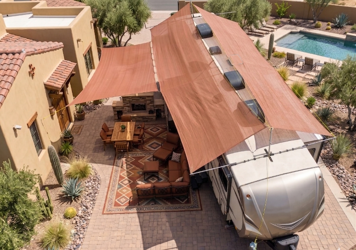 Hovershade setup _RV parked under a large brown canopy full shade  in a residential area with a pool and house in the background.