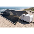 Hovershade front and back canopy awning frame and shade on car and tow trailer in-between breezeway