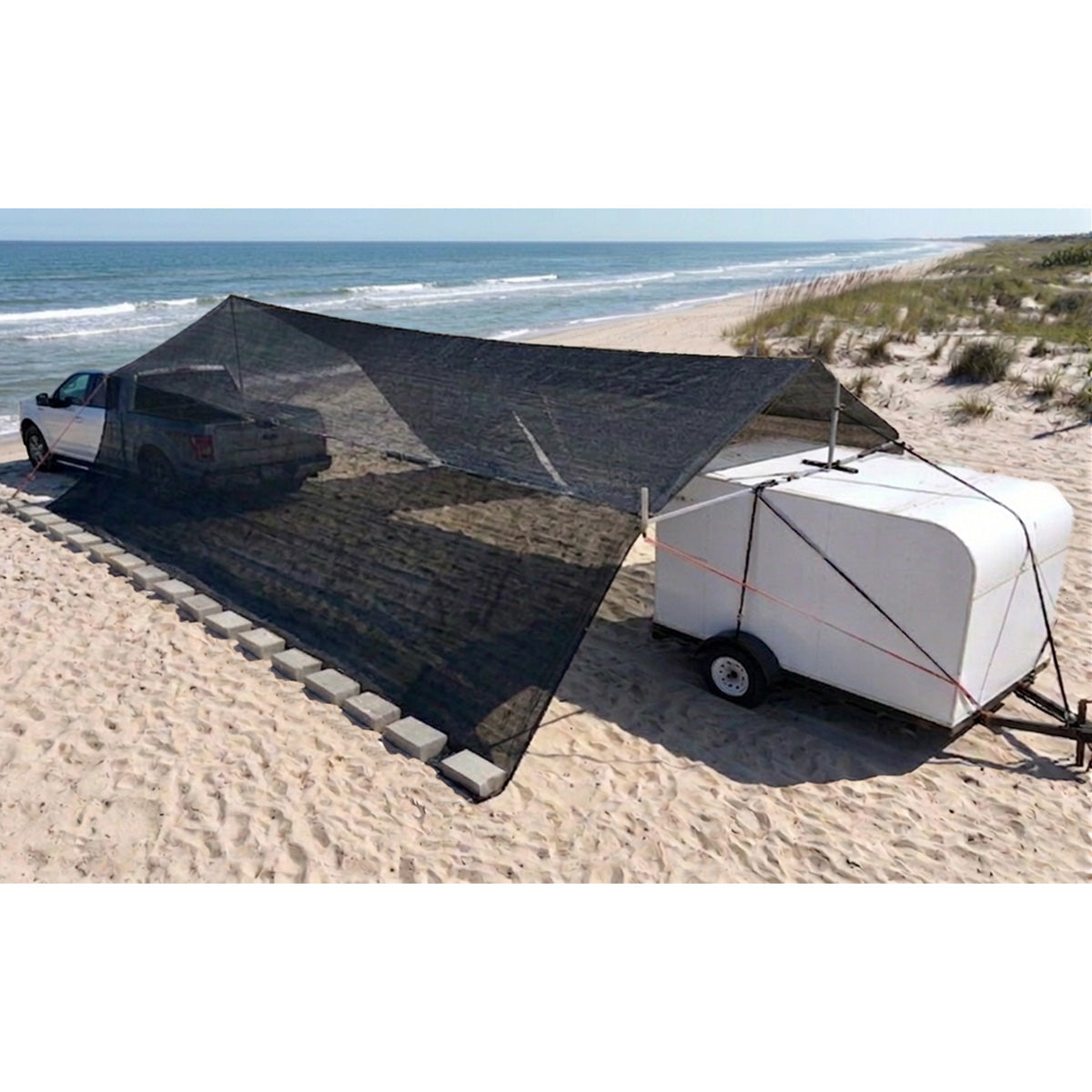Hovershade front and back canopy awning frame and shade on car and tow trailer in-between breezeway