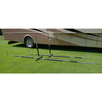 Hovershade front and back canopy awning frame next to each other by a 40 foot rv
