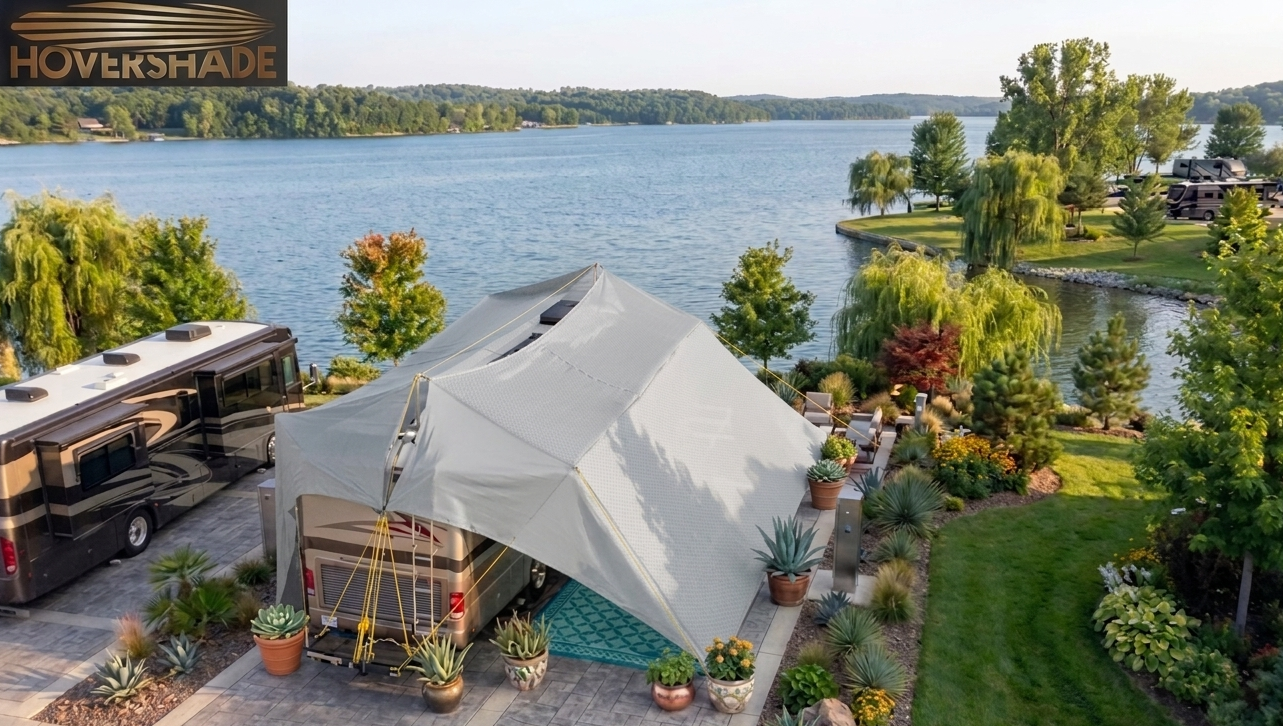 Hovershade tent set up outdoors near a lake with RV and trees in the background