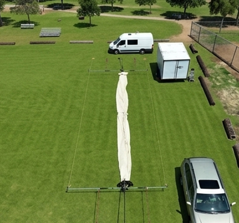 Shade frame canopy laid out on the ground between two vehicles for measurement of the shade area I'm ready to be deployed