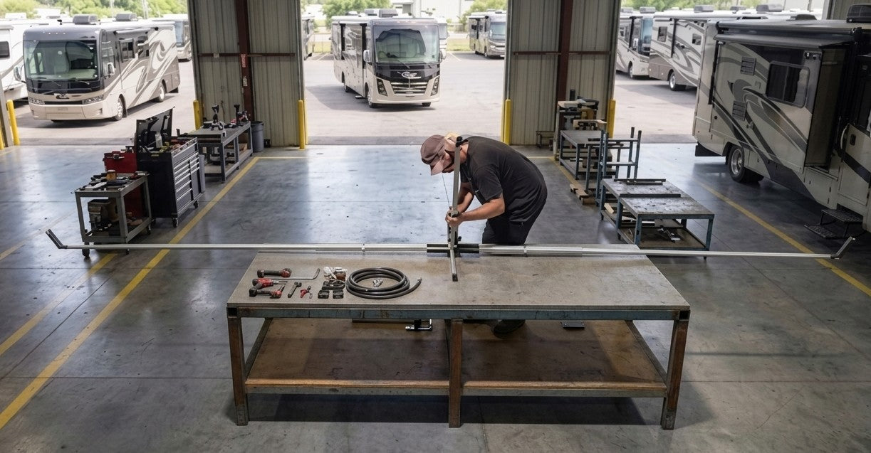 Person working on Hovershade modular Frame Canopy in a warehouse with RVs in the background