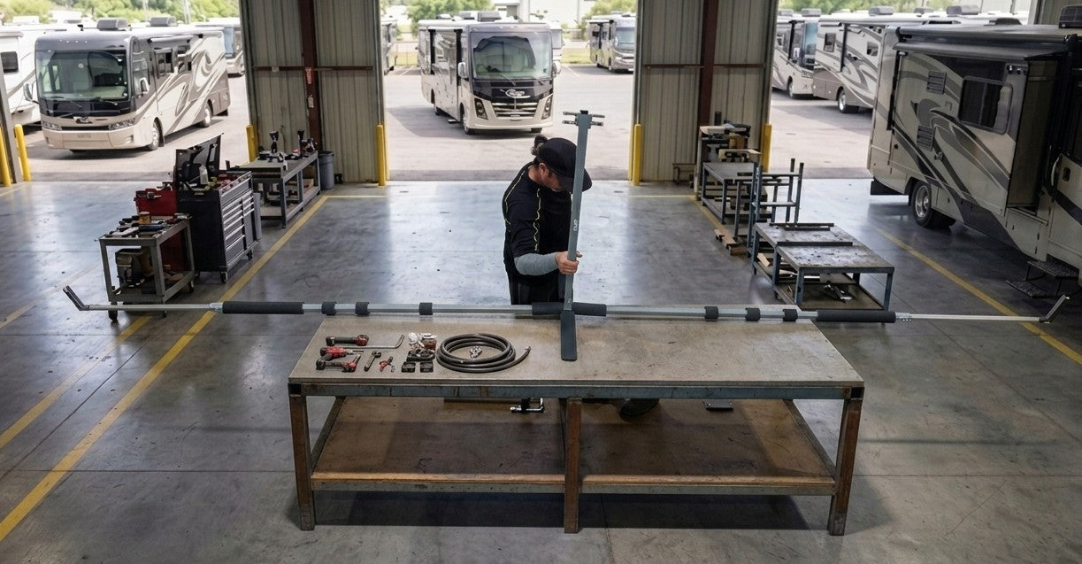 Person working on Hovershade modular Frame Canopy in a warehouse with RVs in the background