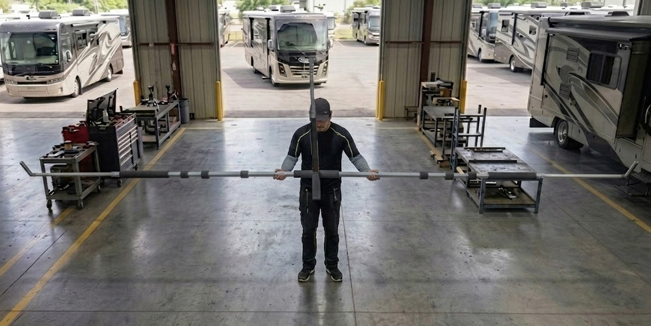 Hovershade Frame system in factory lifted by one person with two hands