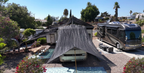 RV set up under a massive shade canopy using the hover shade portable framing system