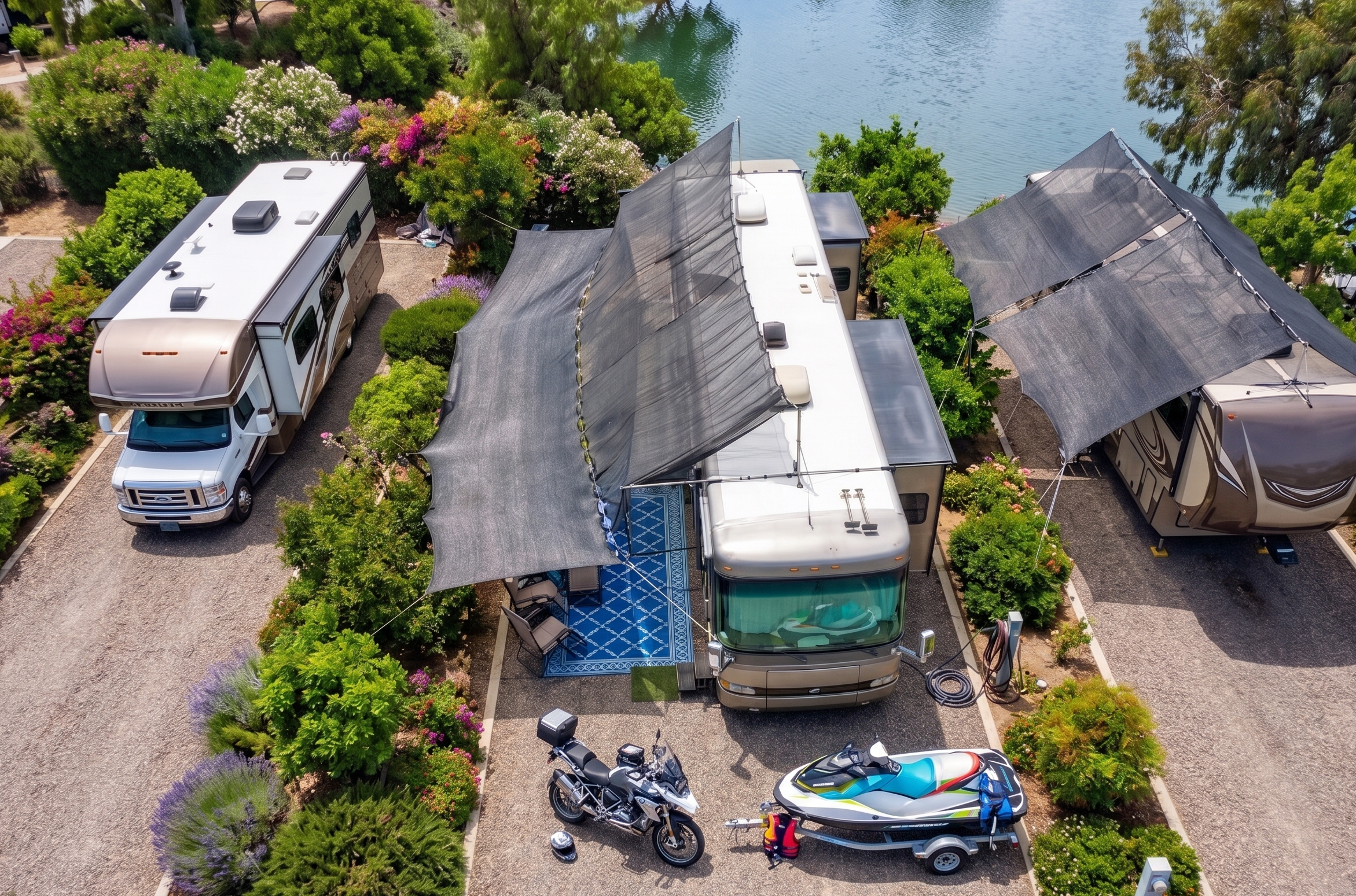 Hovershade shade frame canopy deployed on two RVs on the lake