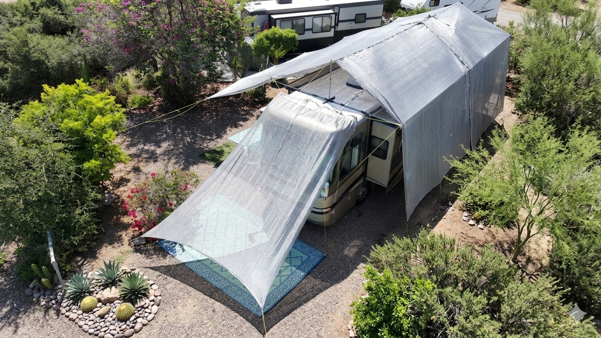 massive shade over a 40Massive shade over a 40 foot RV with a silver color shade fabric connected by the hovershade canopy frame system