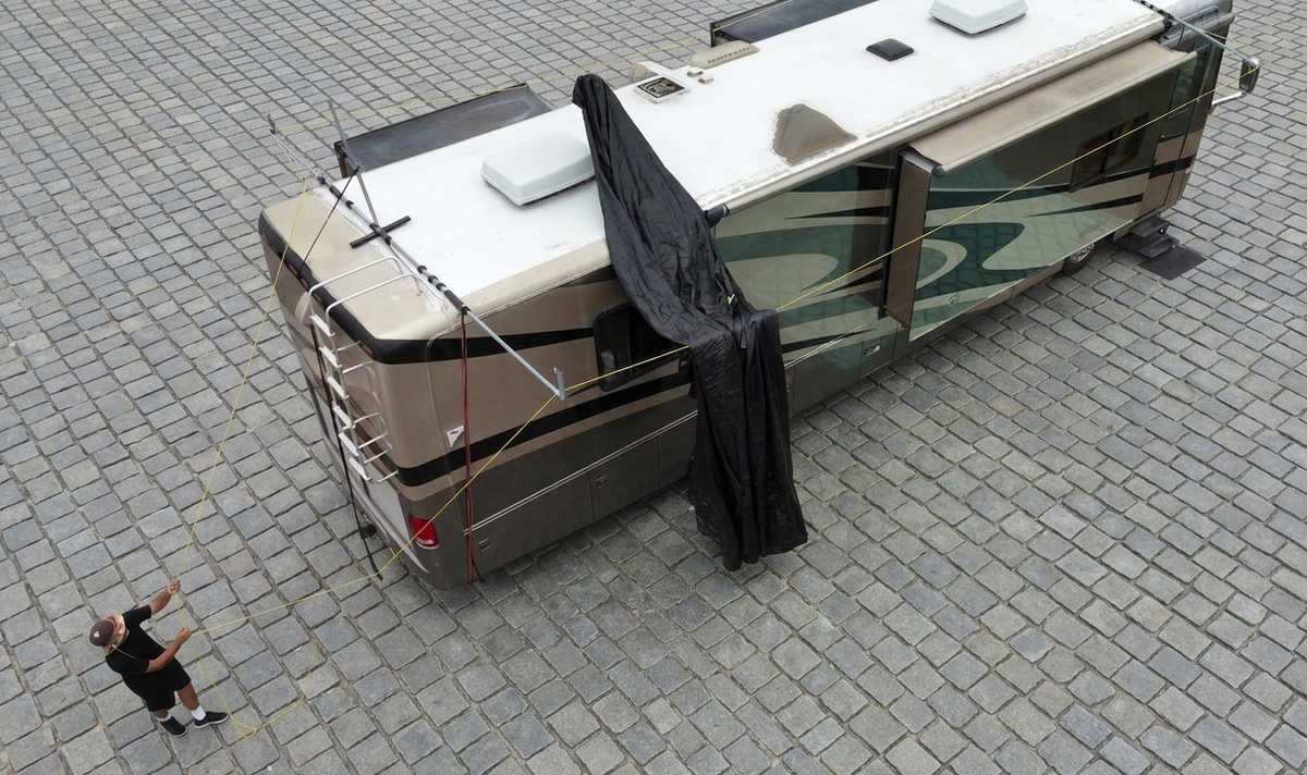Man lifting a shade fabric from the ground pulling the lines up to the roof of an RV with an attached hovershade  frame canopy structure