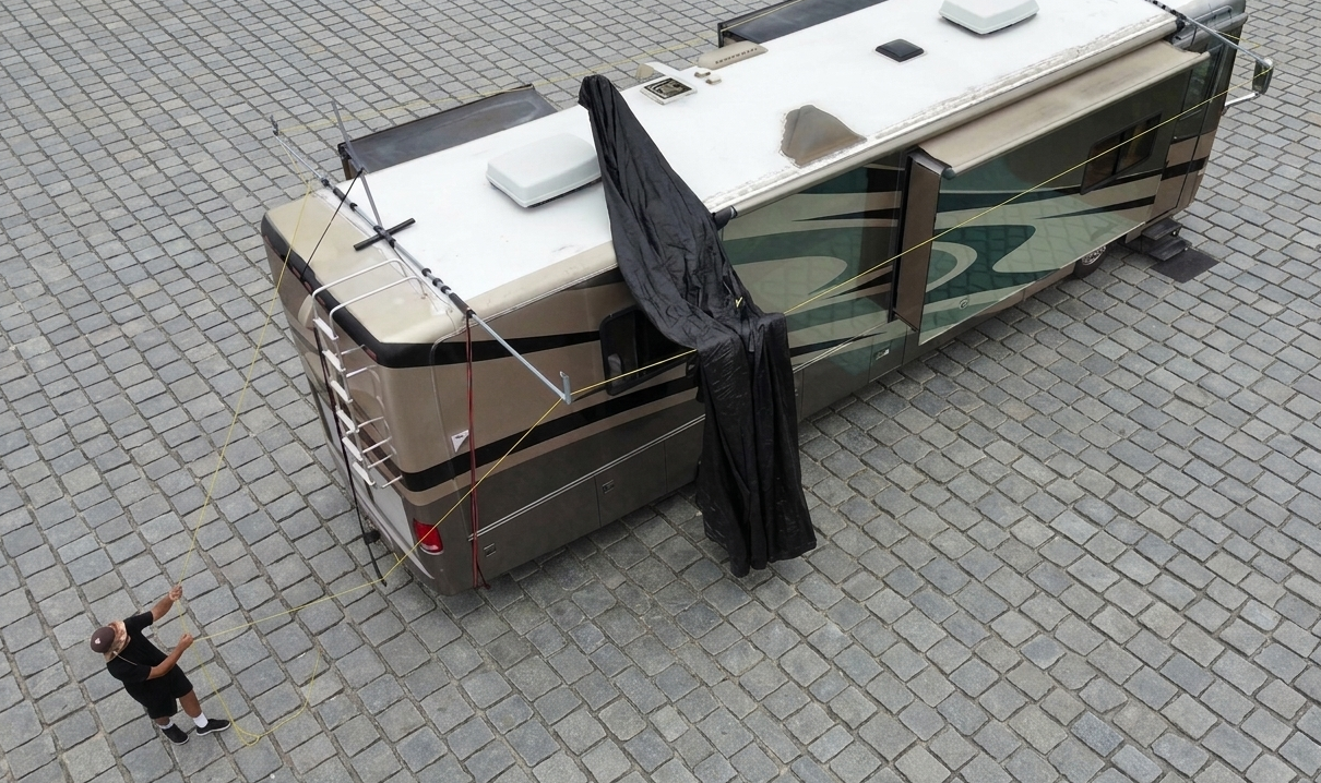 Man lifting a shade fabric from the ground pulling the lines up to the roof of an RV with an attached hovershade  frame canopy structure