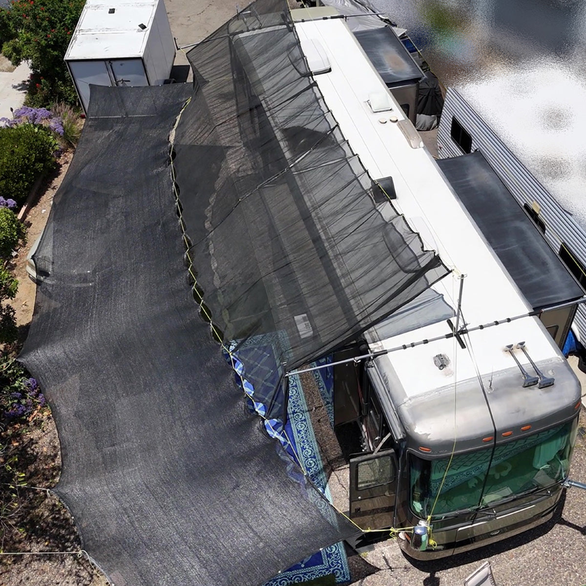 Hovershade frame and shade setup one side  shade coverage on a 40 foot RV