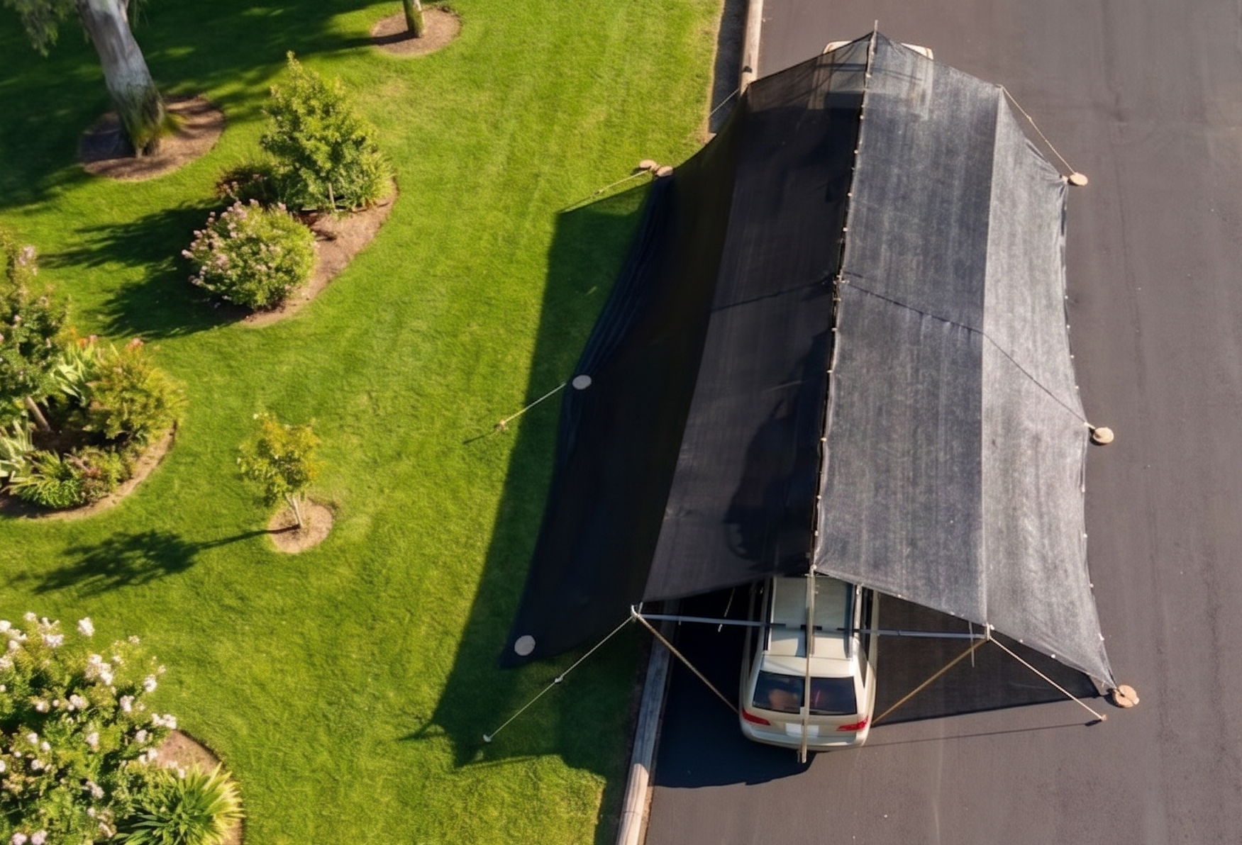 Car parked under a masive black shade sail on a driveway with grass and trees in the background.