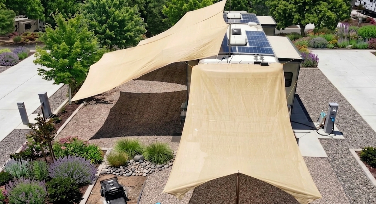 Beige shade sail on a roof with solar panels in the background attached to the hovershade canopy frame system
