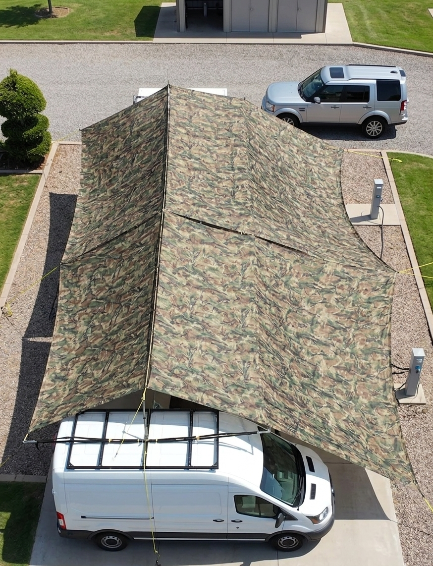 Hovershade set up over a van and trailer in a RV park